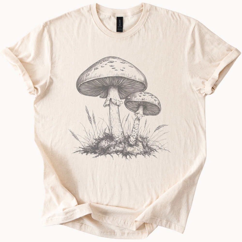 Spotted Mushrooms Woodcut Style Cross Hatch Shirt
